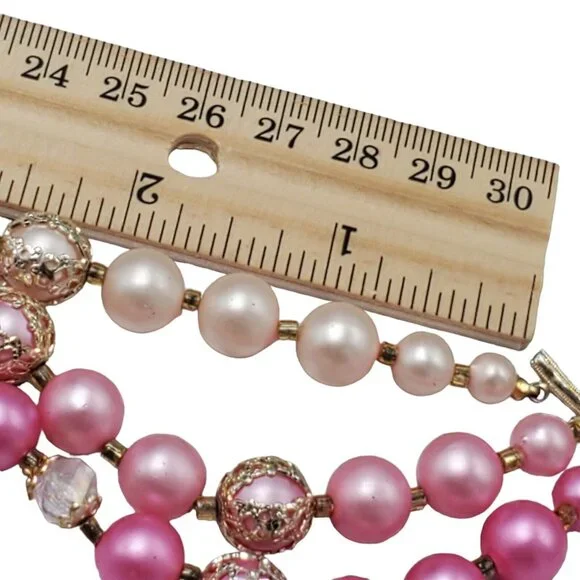 Vtg 3-Strand Faux Pearl Bead Necklace Gold Tone Filigree Pink Adjustable 14"+2.5 - Picture 10 of 11
